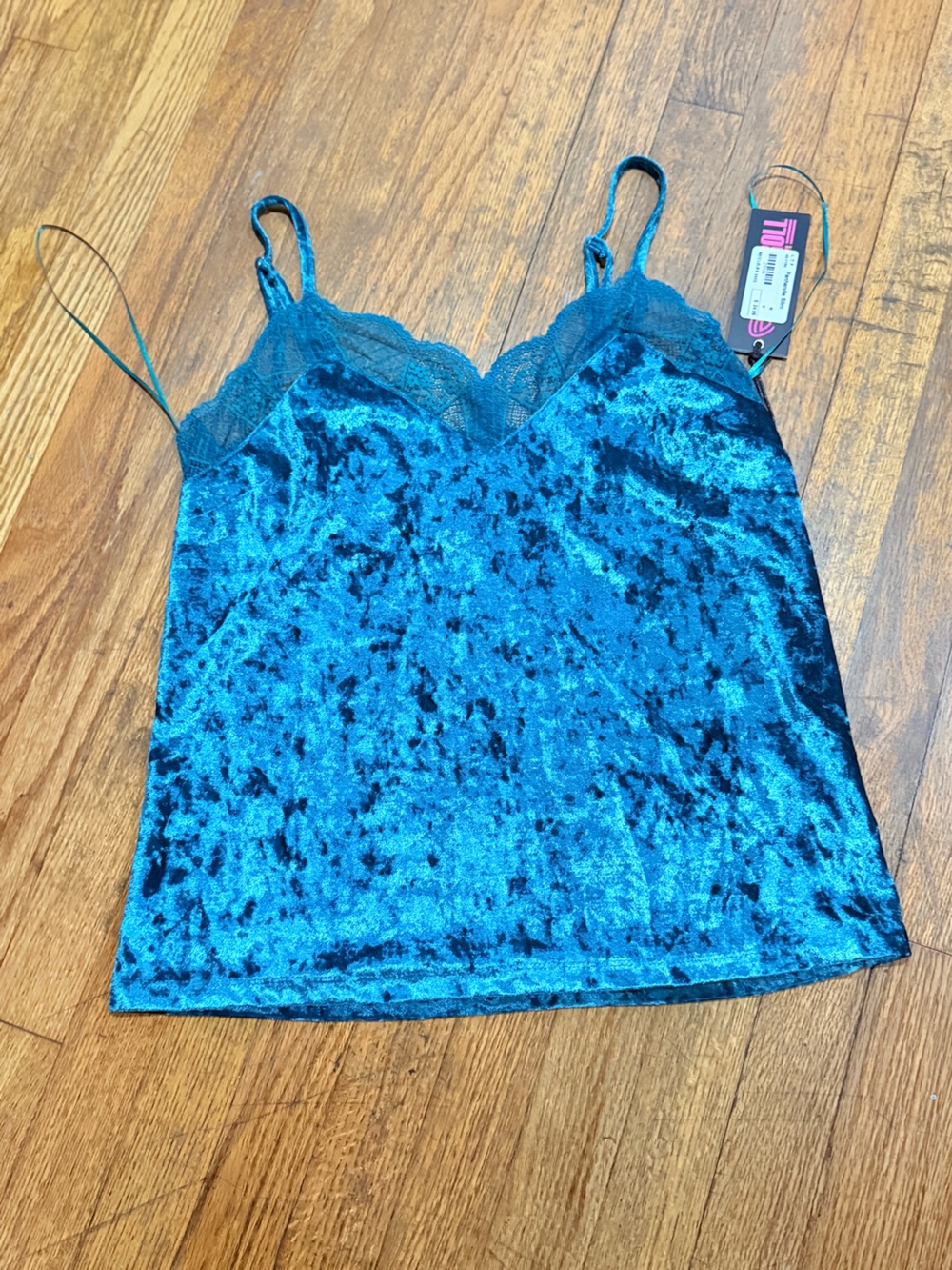Panhandle Slim Teal Crushed Velvet Lace-Trim Cami Size M
